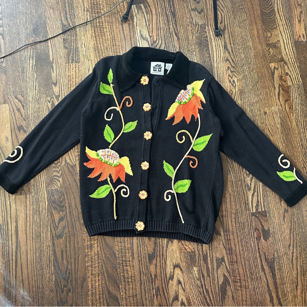 Stunning Bold Floral Embroidered Knit Sweater by Storybook Knits